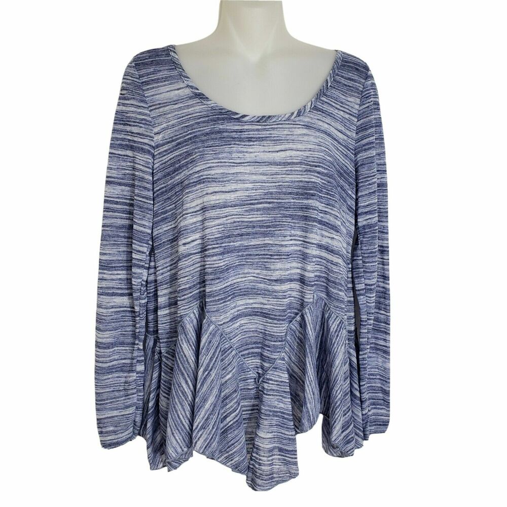 Entro Women Top Small Blue Space Dye Marled Long Sleeve Asymmetrical Scoop Neck
